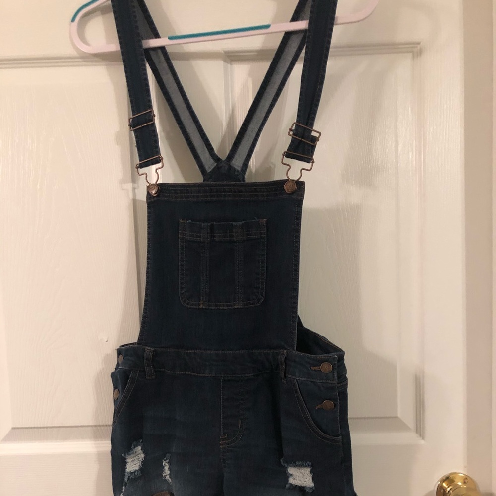 Dark denim overalls